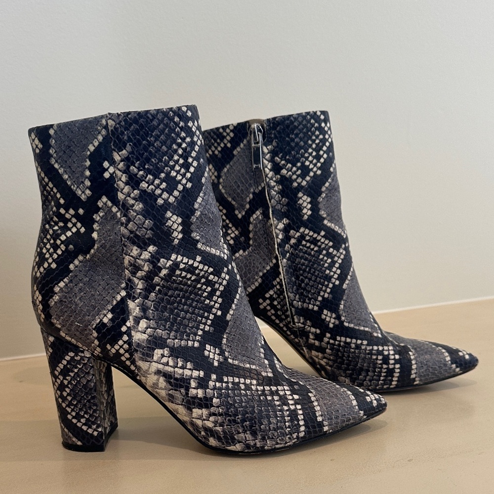 Marc Fisher Black and Gray Snake Print Ankle Boots